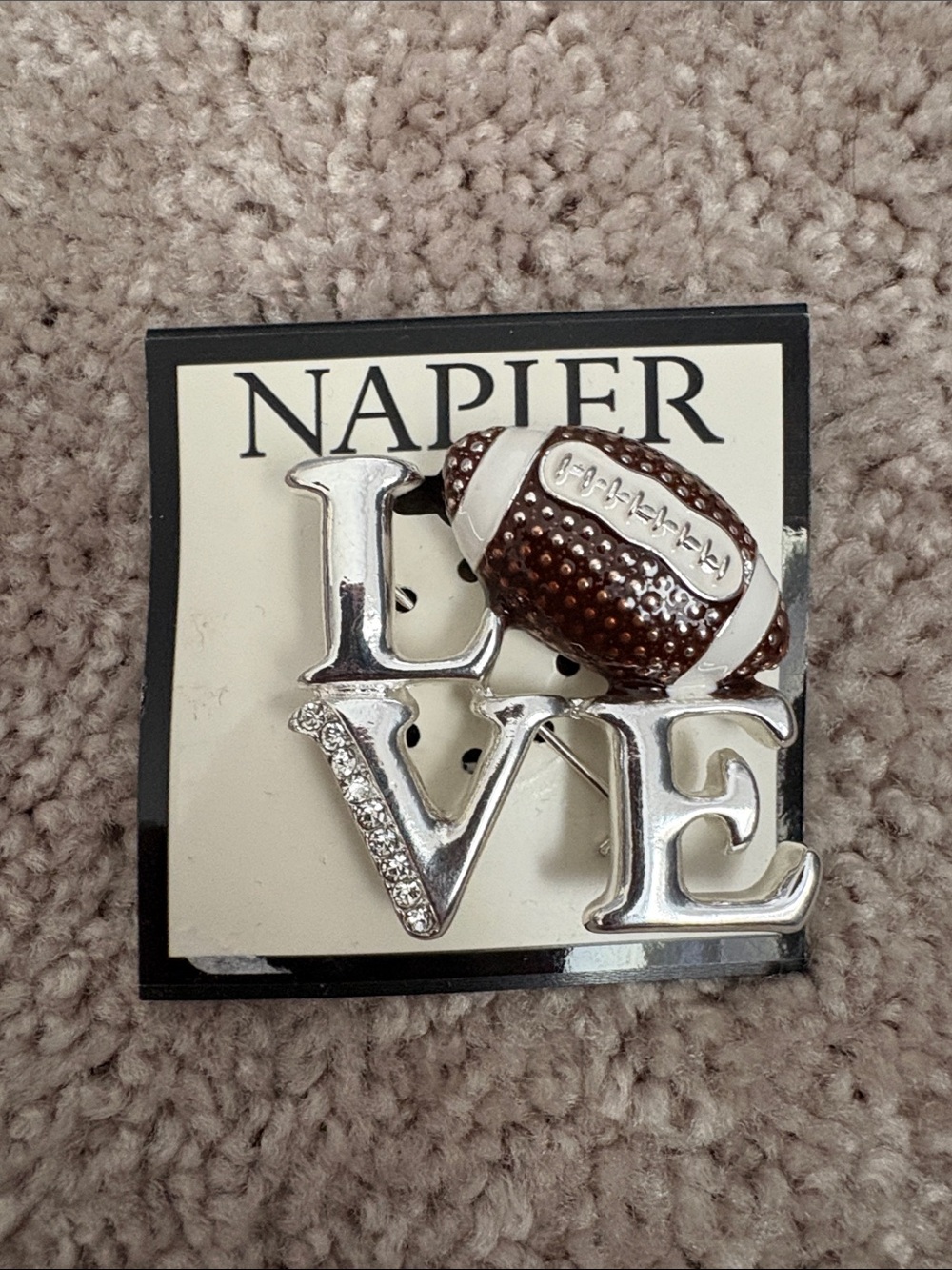 Napier Silver Tone LOVE Football Pin with Brown & White Detail